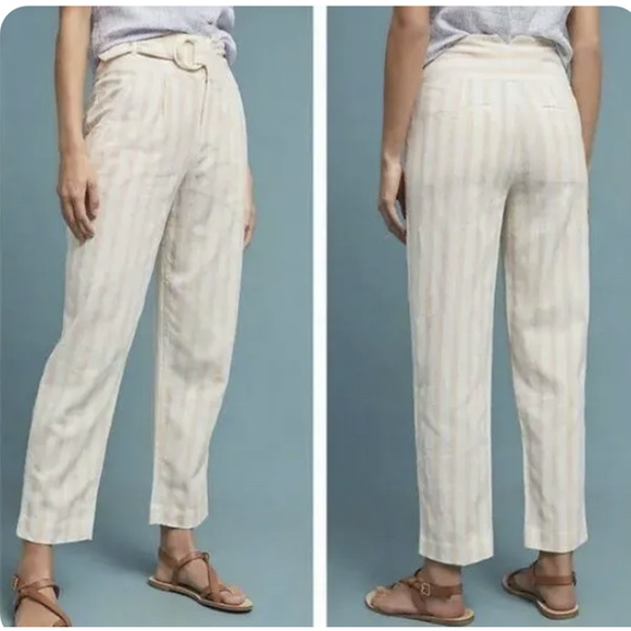 Anthropologie Pants - Anthropologie oasis striped linen pants size 12 with belt pink and cream pockets